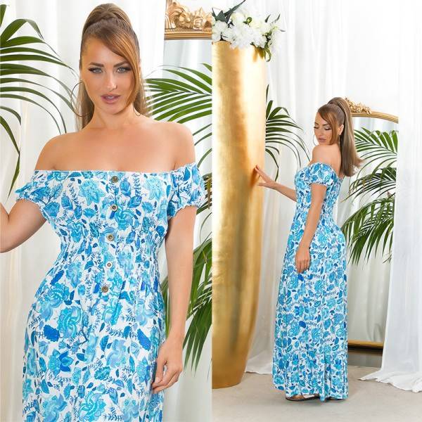Koucla Sexy off-shoulder Sommer Maxikleid mit Deko Knöpfen Hotsell