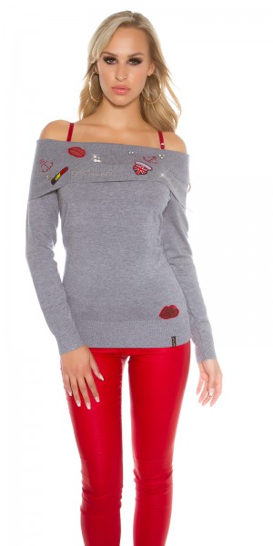 Koucla Sexy Koucla Pulli schulterfrei m.Strass+Aufnähern Lagerräumung