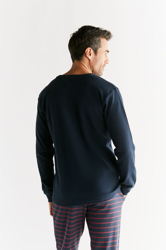 Leela Cotton 2208-061 | Waffel Strick Herren Langarmshirt - Indigo Super Sparpreis
