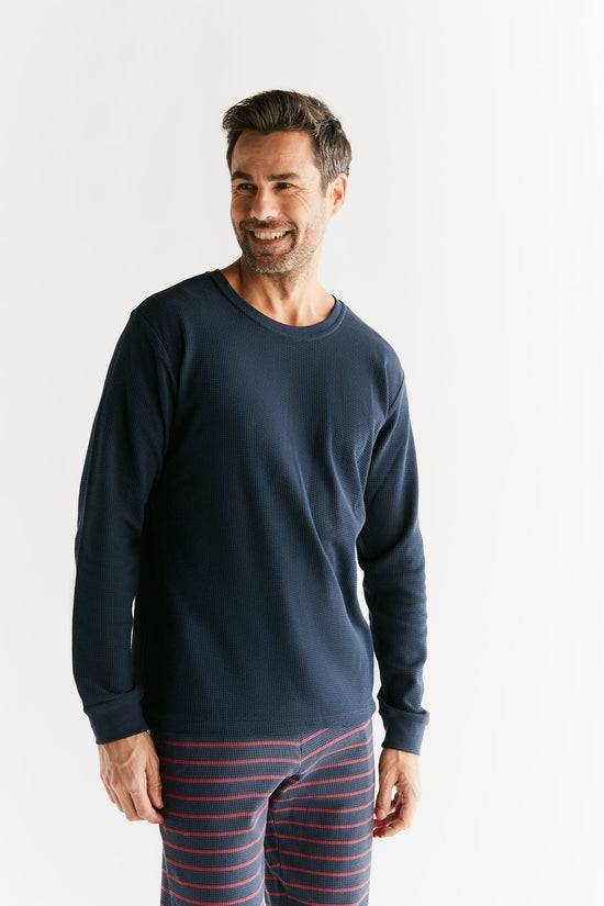 Leela Cotton 2208-061 | Waffel Strick Herren Langarmshirt - Indigo Super Sparpreis