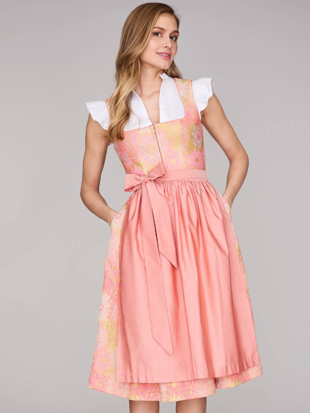 Limberry Rosa-farbenes Dirndl mit Blumenmuster - DAHLIA CORAL ALMOND Rabatt