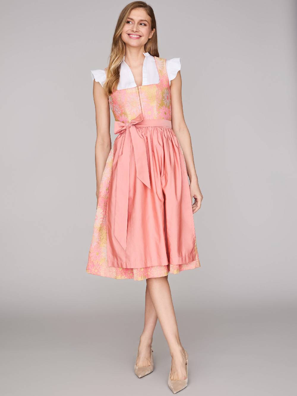 Limberry Rosa-farbenes Dirndl mit Blumenmuster - DAHLIA CORAL ALMOND Rabatt