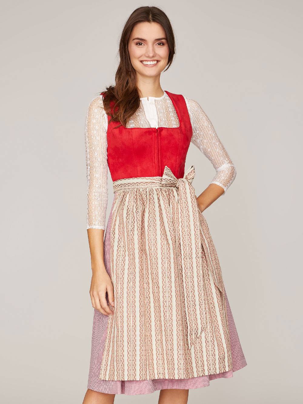 Limberry Rotes Dirndl mit Mieder aus Veloursleder-Optik - SAMANTHA RED Fabrik Onlineshop