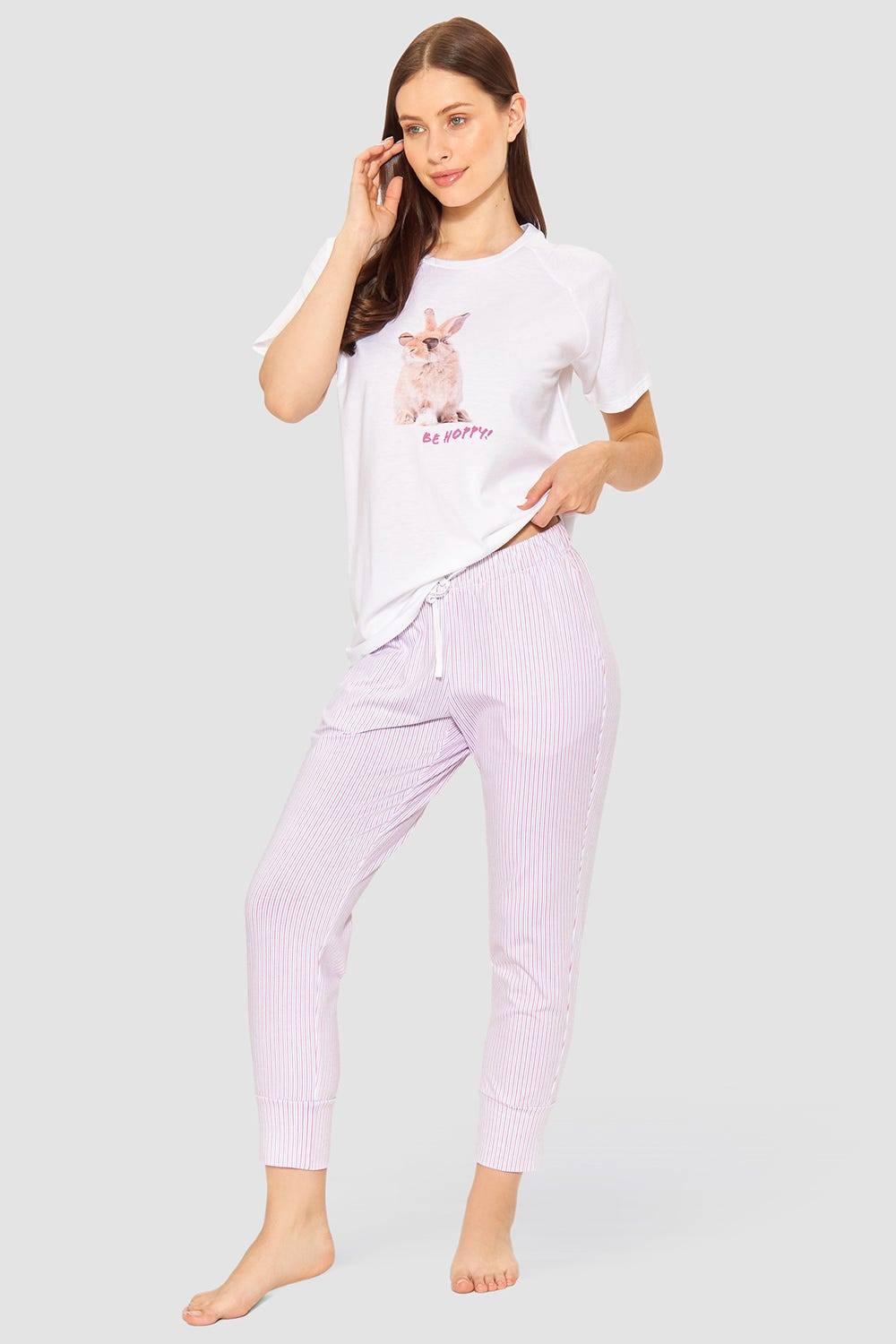 Rösch 7/8-Hose im Streifendruck Rosa-Blau Baumwolle/Elasthan Sonderangebot der Fabrik