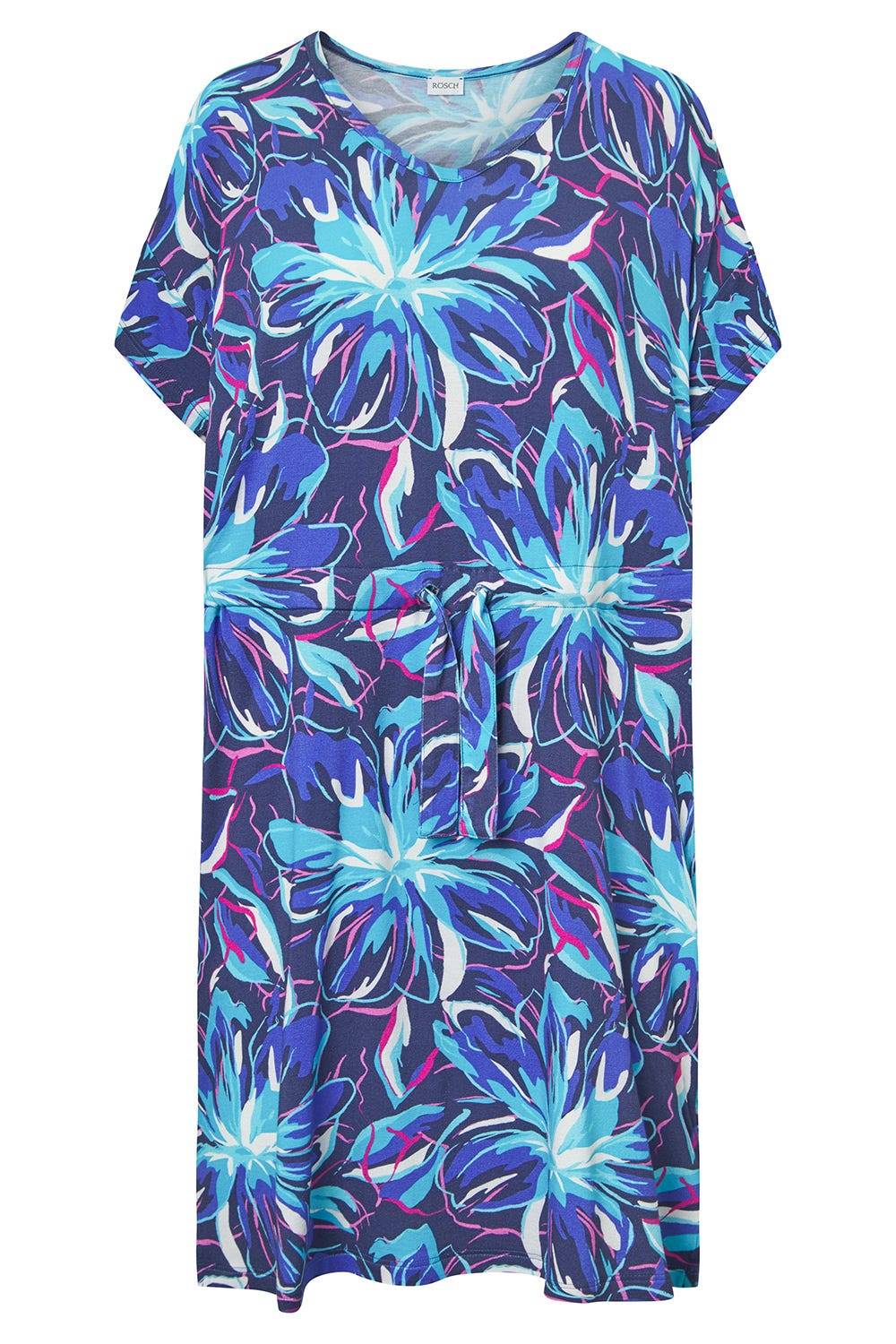 Rösch Strandkleid Kurzarm im Blumendruck Neonfarben zum Binden Baumwolle/Elasthan Fabrikverkauf