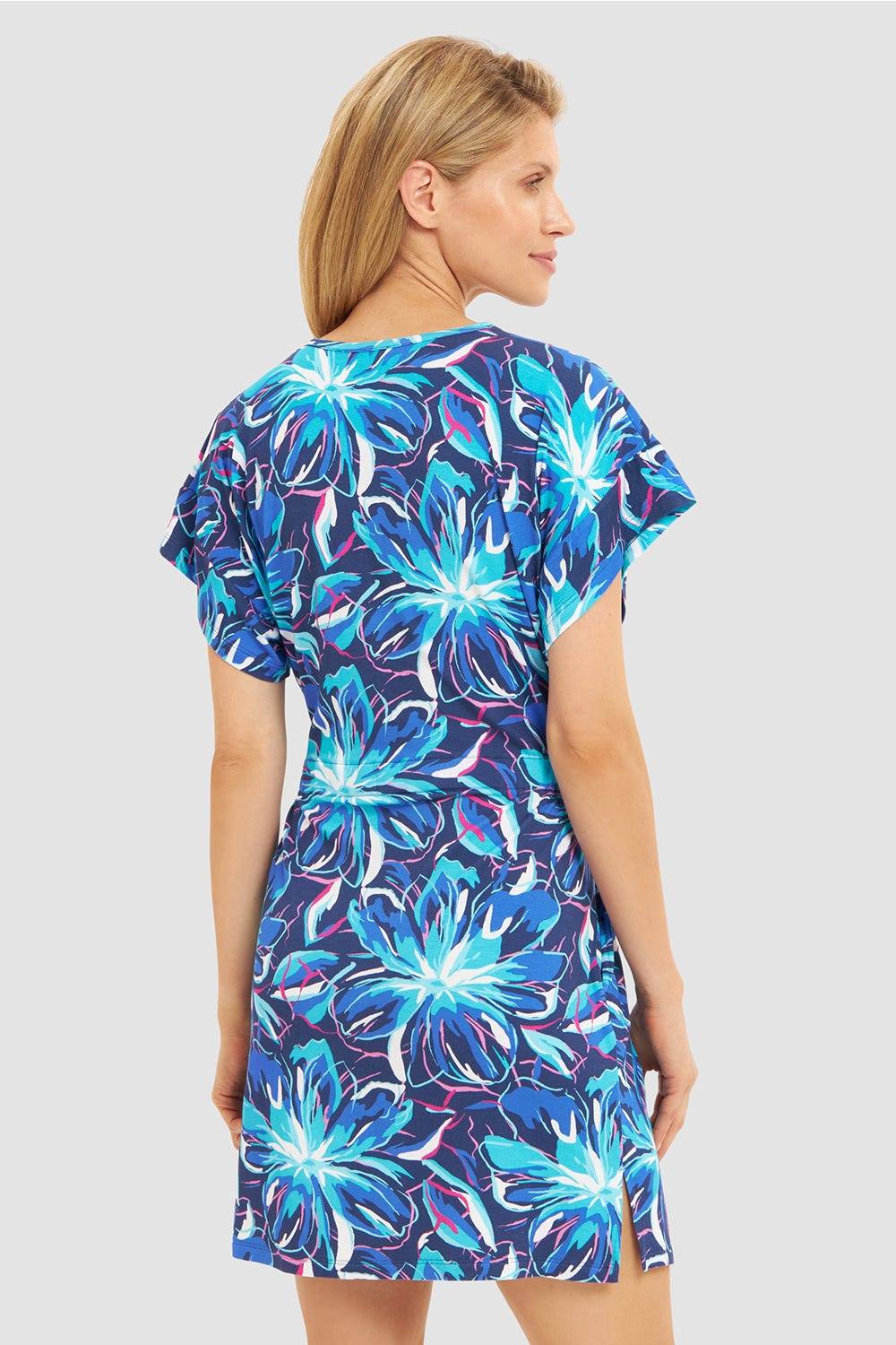Rösch Strandkleid Kurzarm im Blumendruck Neonfarben zum Binden Baumwolle/Elasthan Fabrikverkauf