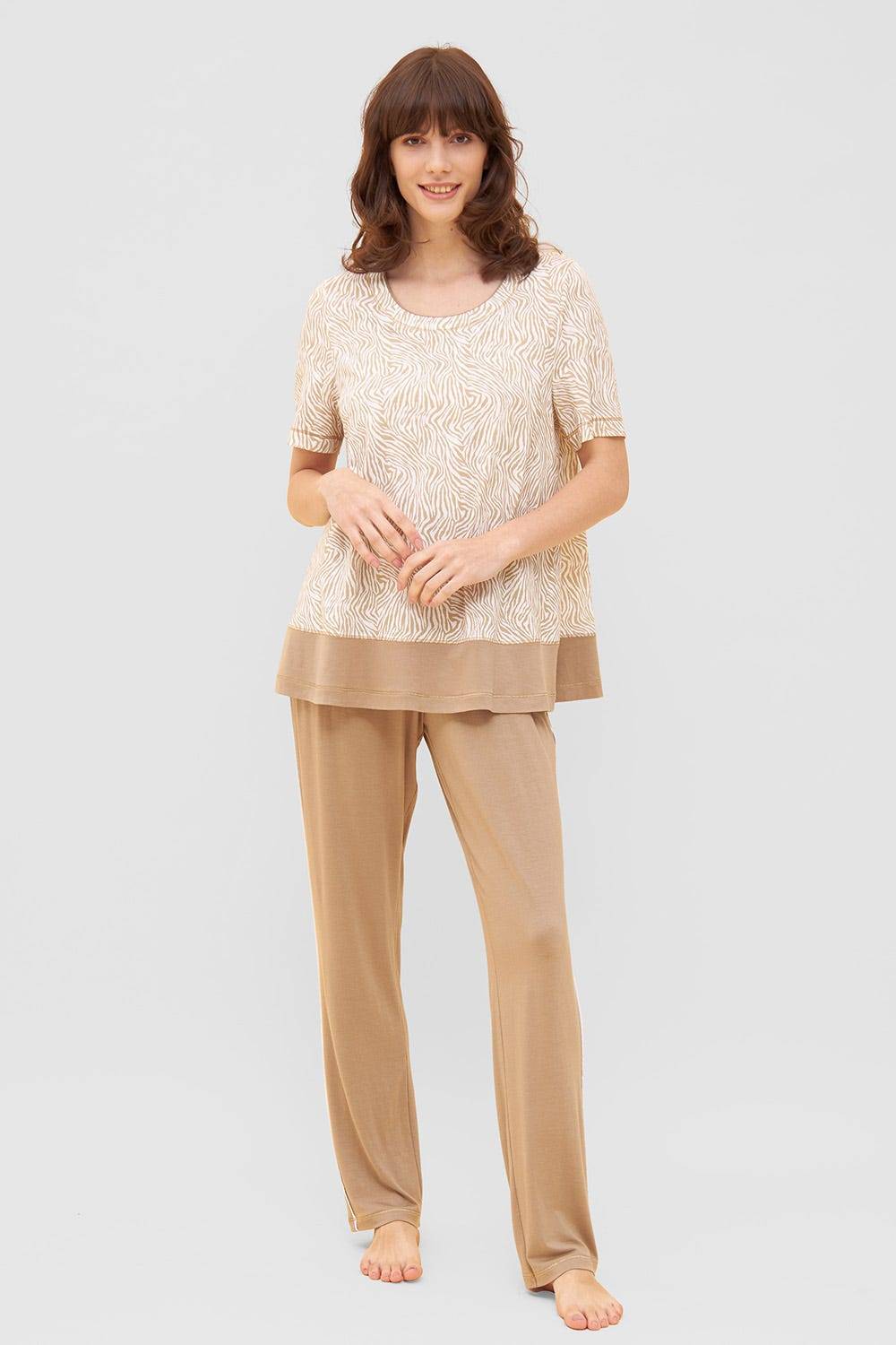 Rösch Shirt im Zebra-Druck Beige Ziernähte A-Linie Mix &amp; Match Baumwolle/Modal Kostenlose Rückgabe