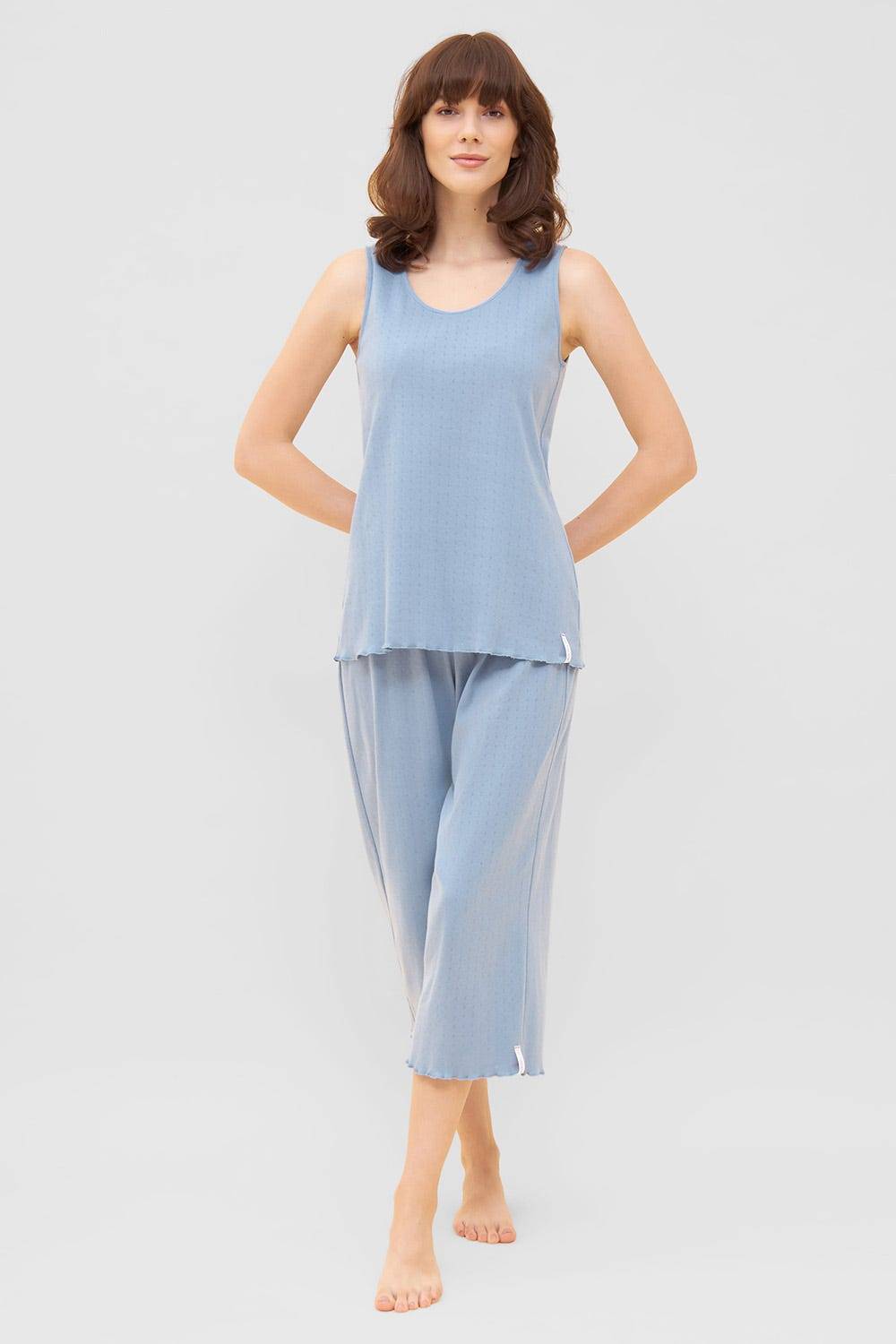 Rösch Pyjama-Top aus Ajour Feinstrick Hellblau Ärmellos Mix &amp; Match 100% Baumwolle Auslauf