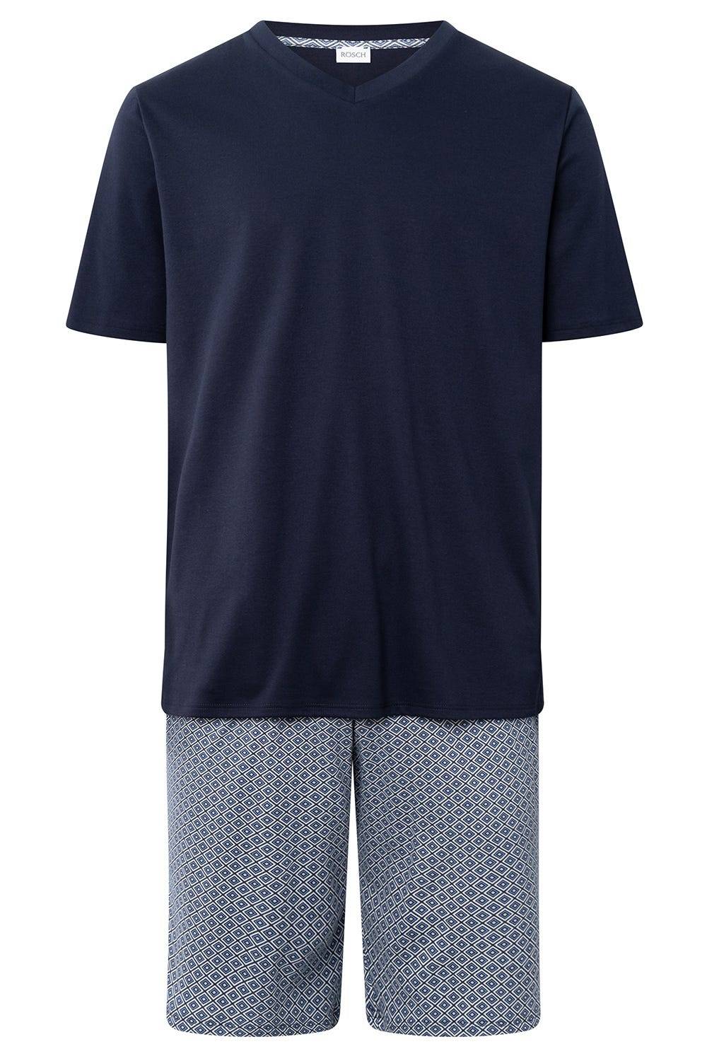 Rösch Herren Kurzer Pyjama mit Minimalprint Blau Bermuda V-Ausschnitt 100% Baumwolle Preisnachlass