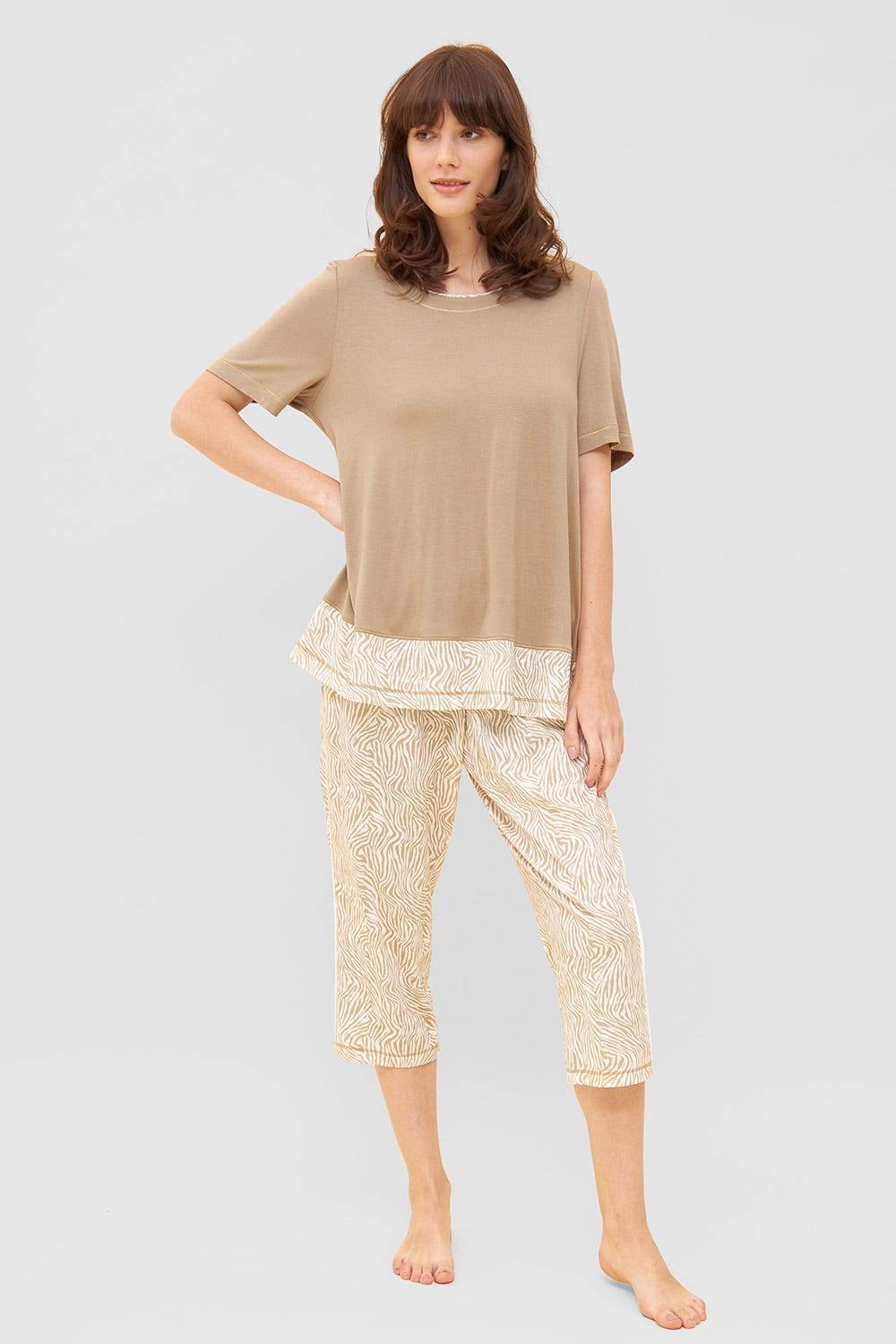 Rösch Hose im Zebra-Druck Beige Paspel Ziernähte Mix &amp; Match Baumwolle/Modal Jubiläumsangebot