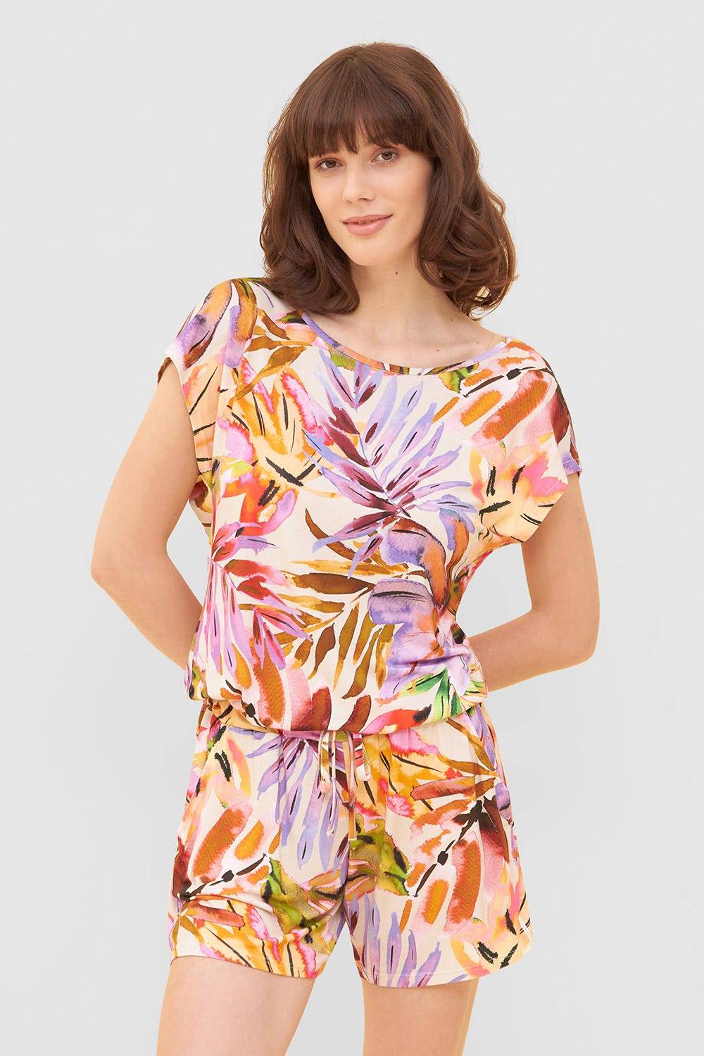 Rösch Jumpsuit im fröhlichen Blätter-Druck Bunt Shorts Sommer Viskose/Elasthan Online Outlet