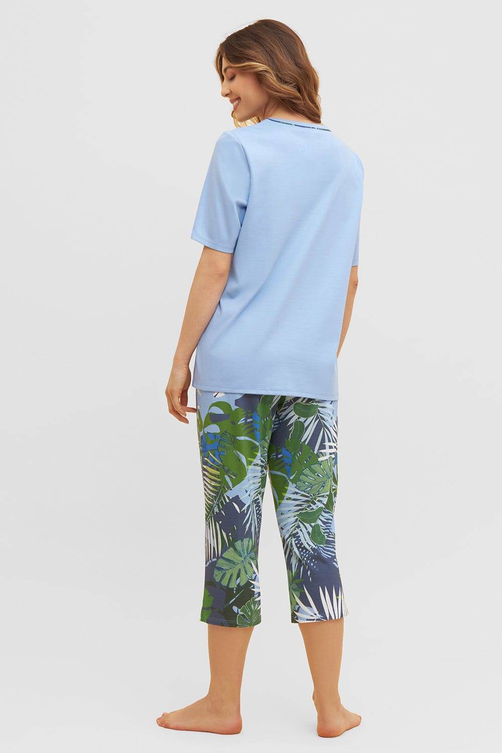 Rösch Pyjama mit tropischem Palmen-Druck 3/4-Hose Paspel Baumwolle/Modal Wochenangebot