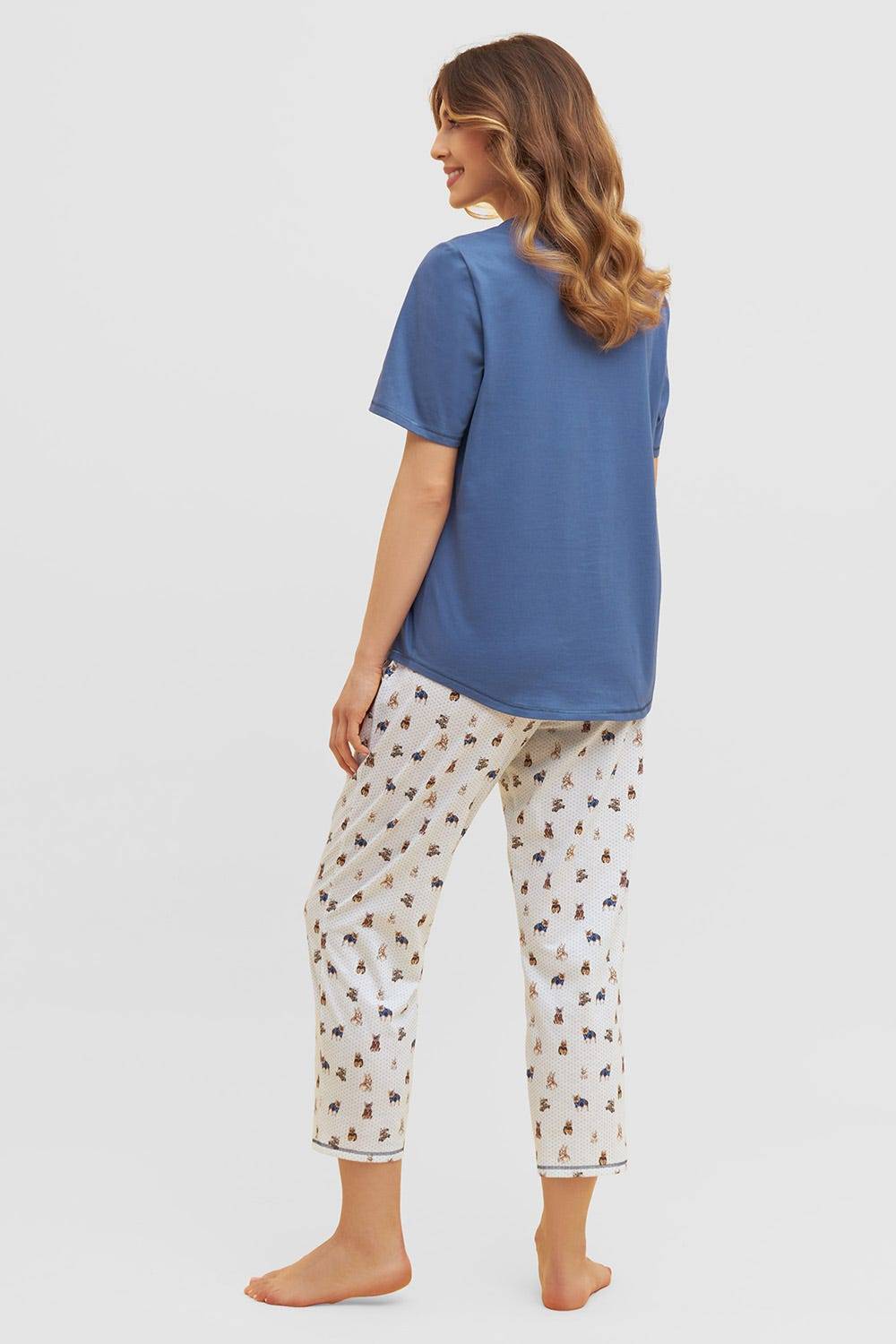 Rösch Pyjama mit verspieltem Hunde-Druck 7/8-Hose Blau Ziernähte 100% Baumwolle Kostenlose Rückgabe