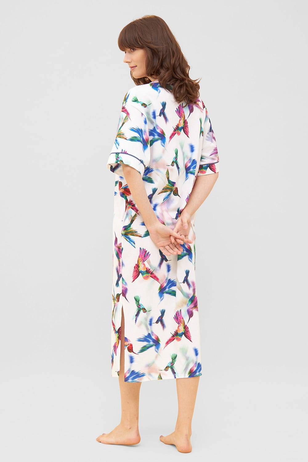 Rösch Nachtkleid im Vogel-Druck Kimono Paspeln Halbarm Maxi-Länge 100% Baumwolle JETZT KAUFEN