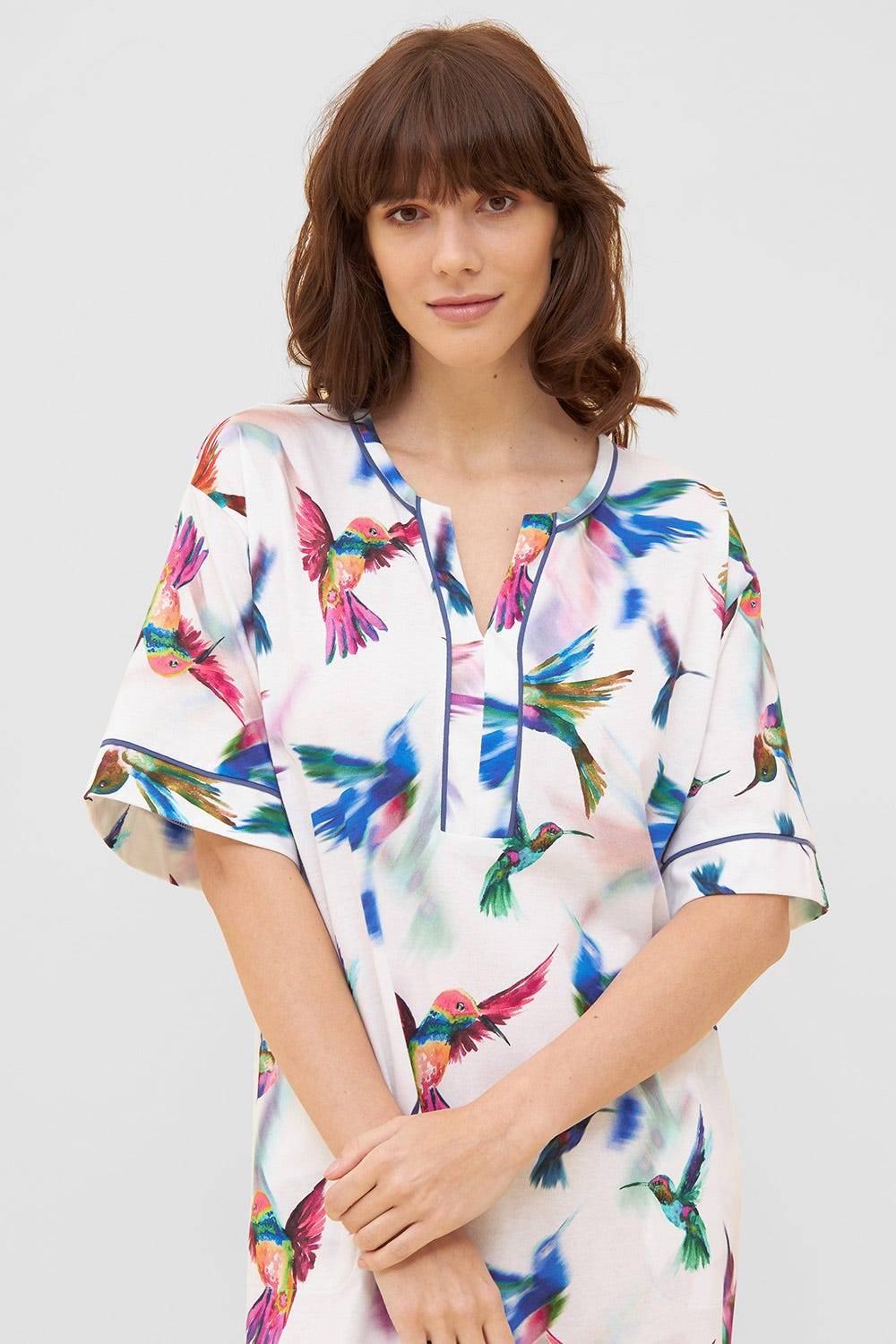 Rösch Nachtkleid im Vogel-Druck Kimono Paspeln Halbarm Maxi-Länge 100% Baumwolle JETZT KAUFEN