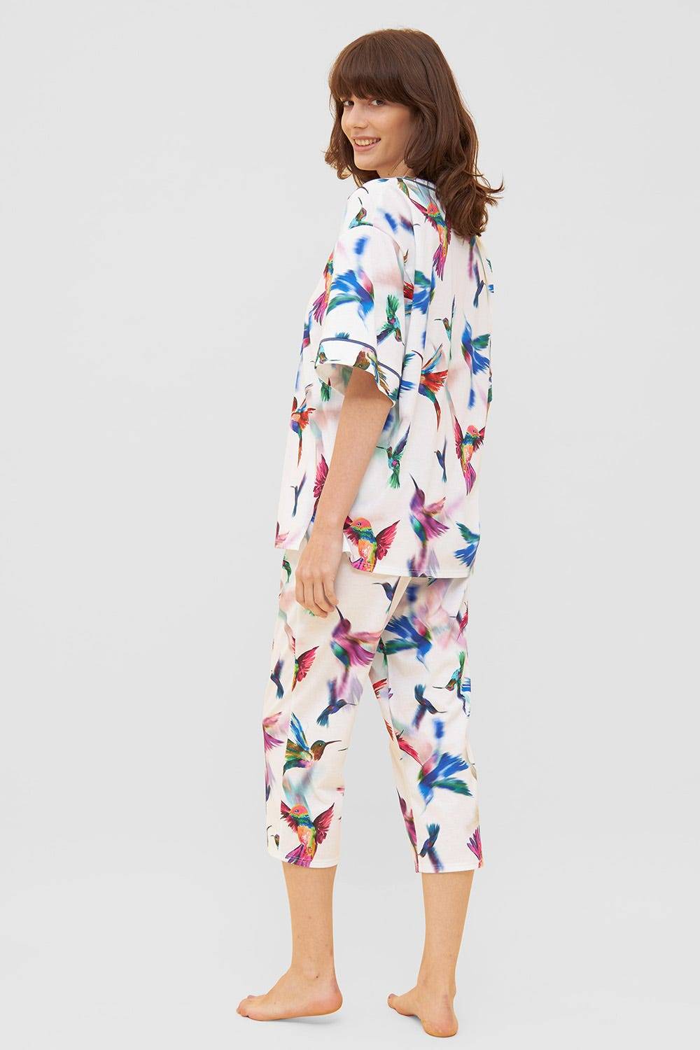 Rösch Pyjama im Vogel-Druck Kimono Paspeln Halbarm 100% Baumwolle Neueste Stile