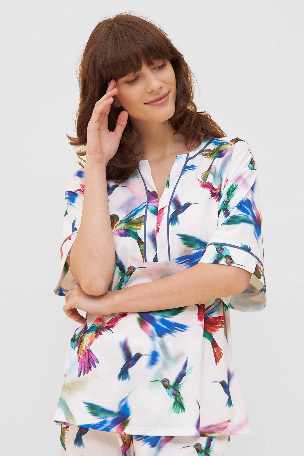 Rösch Pyjama im Vogel-Druck Kimono Paspeln Halbarm 100% Baumwolle Neueste Stile