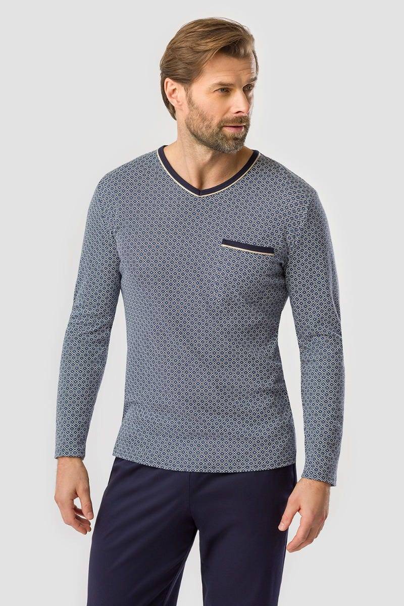 Rösch Herren Pyjama mit Minimalprint Blau Klassisch 100% Baumwolle Zeitbegrenzte Promotion
