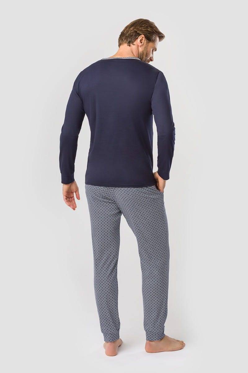 Rösch Herren Pyjama mit Minimalprint Blau Raffungen Paspeln 100% Baumwolle Bis zu 50% Rabatt