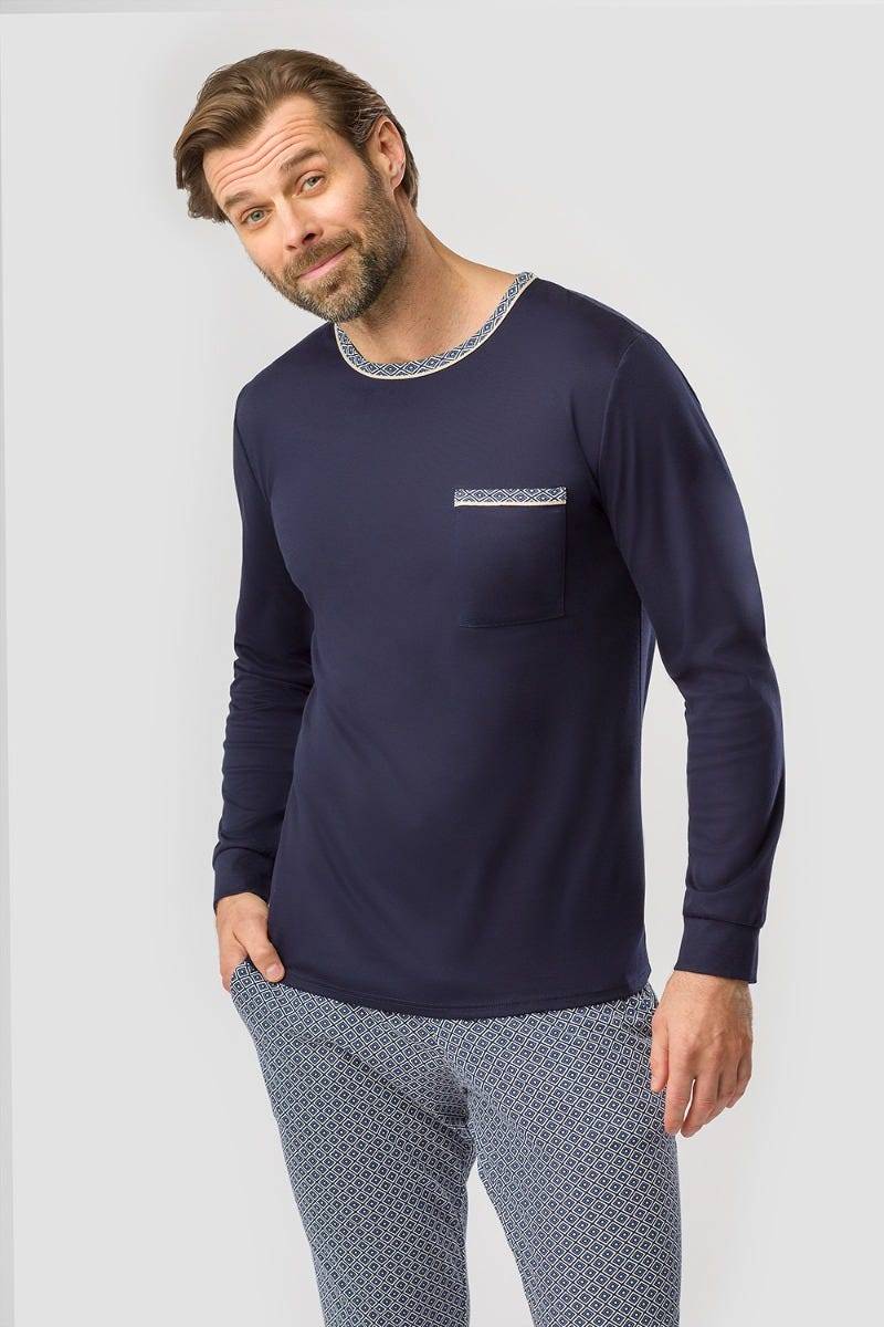 Rösch Herren Pyjama mit Minimalprint Blau Raffungen Paspeln 100% Baumwolle Bis zu 50% Rabatt