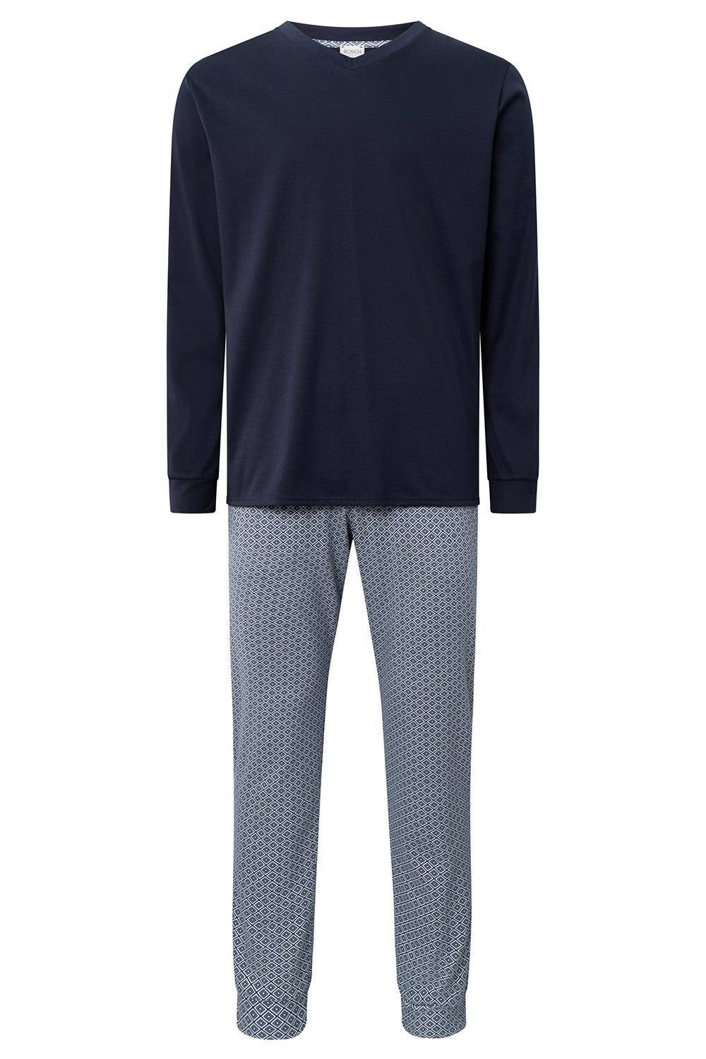 Rösch Herren Langer Pyjama mit Minimalprint Blau V-Ausschnitt 100% Baumwolle Bis zu 65% Rabatt