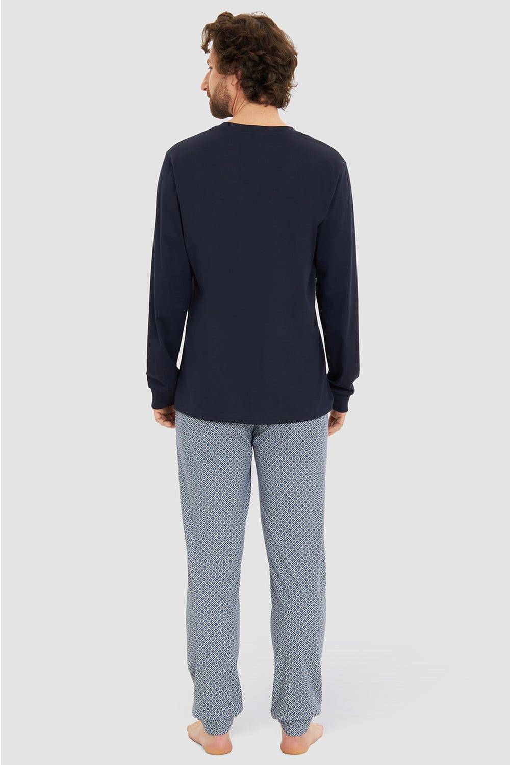 Rösch Herren Langer Pyjama mit Minimalprint Blau V-Ausschnitt 100% Baumwolle Bis zu 65% Rabatt