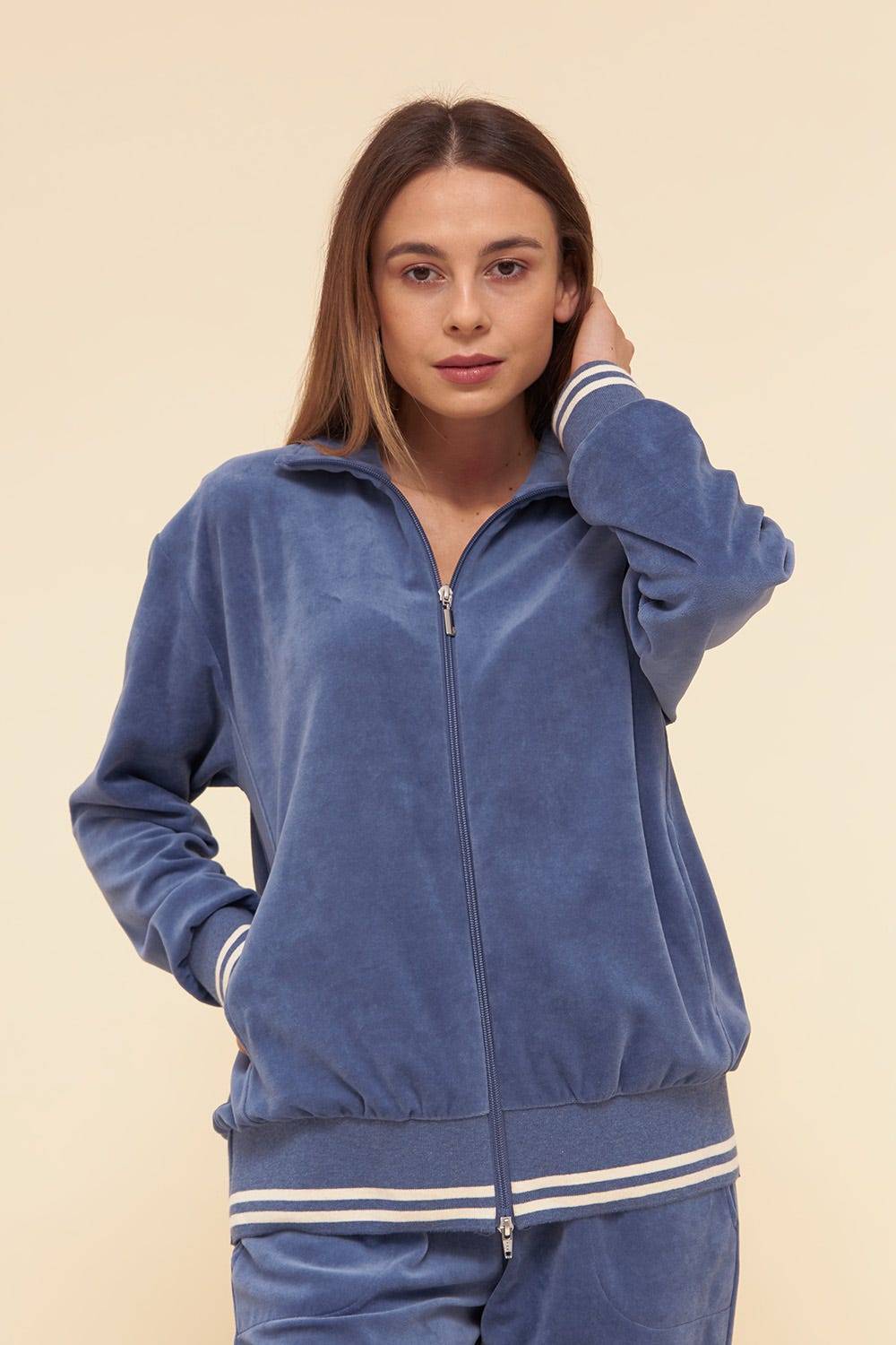 Rösch Hausanzug aus Nicki Blouson-Style sportive Streifen Stickbündchen Baumwolle/Polyester Bis zu 55% Rabatt