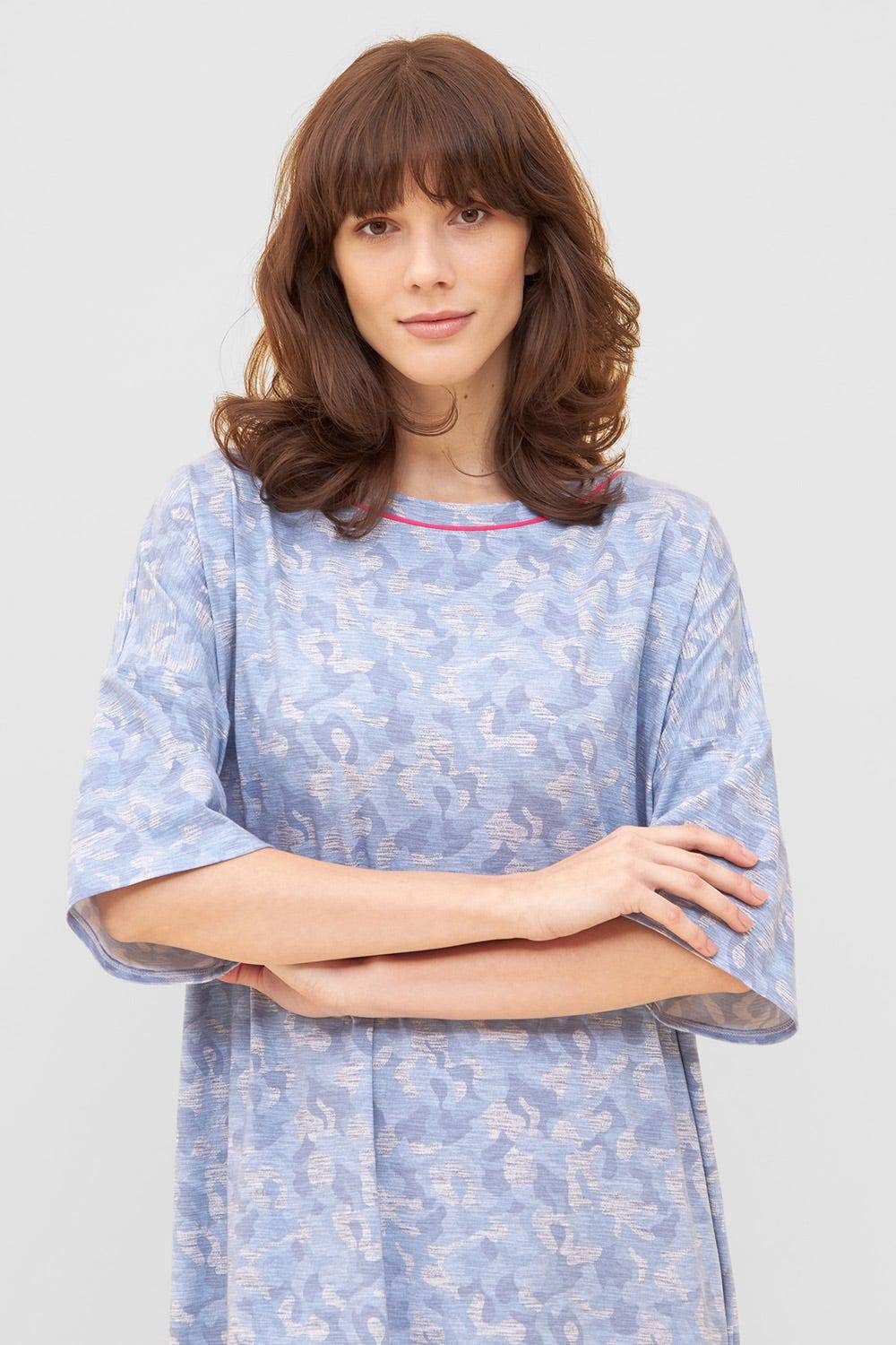 Rösch Nachtkleid im blauen Camouflage-Druck Halbarm Maxi-Länge Baumwolle/Elasthan Im Verkauf