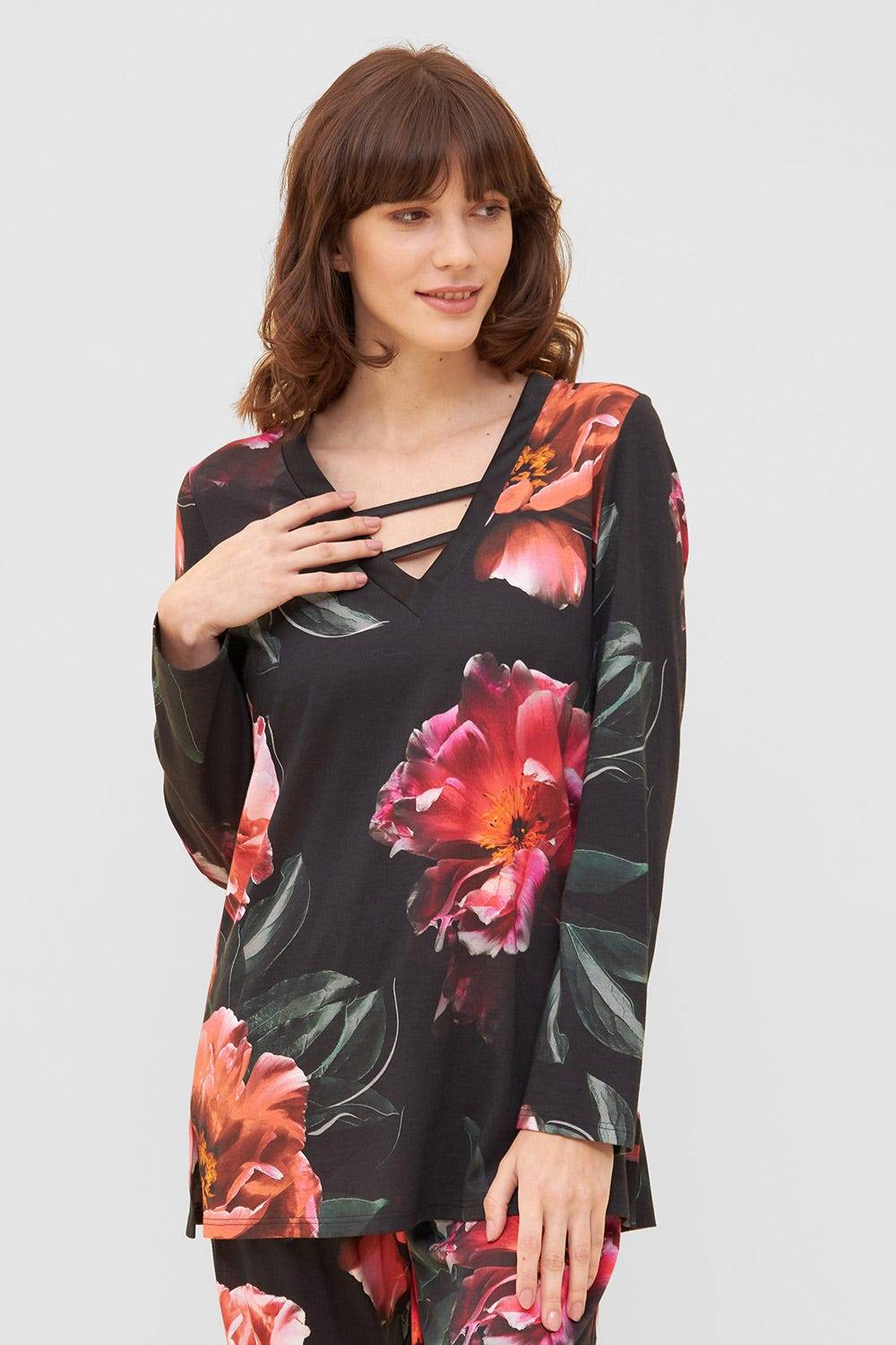 Rösch Pyjama im eleganten Blumendruck V-Ausschnitt Baumwolle/Modal Online