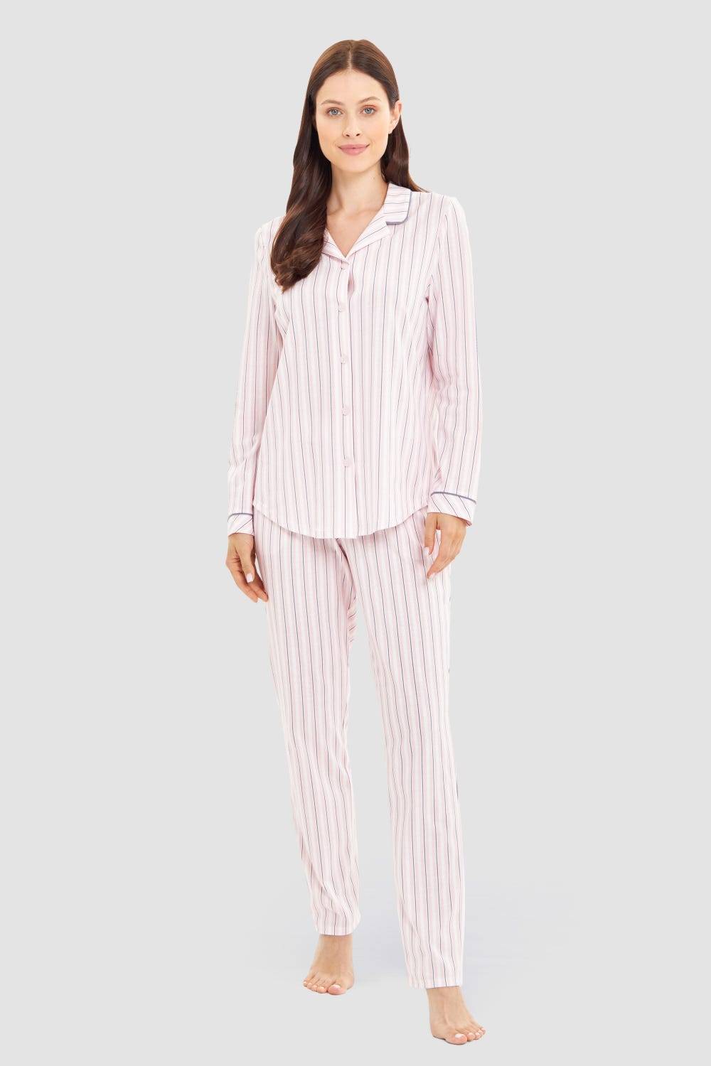 Rösch Basic Pyjamashirt Langarm im Streifendruck Herrenhemdstil Fabrikverkauf