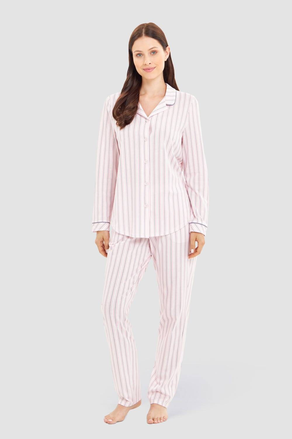Rösch Basic Pyjamahose Lang im Streifendruck Rosa-Grau Kostenloser Versand