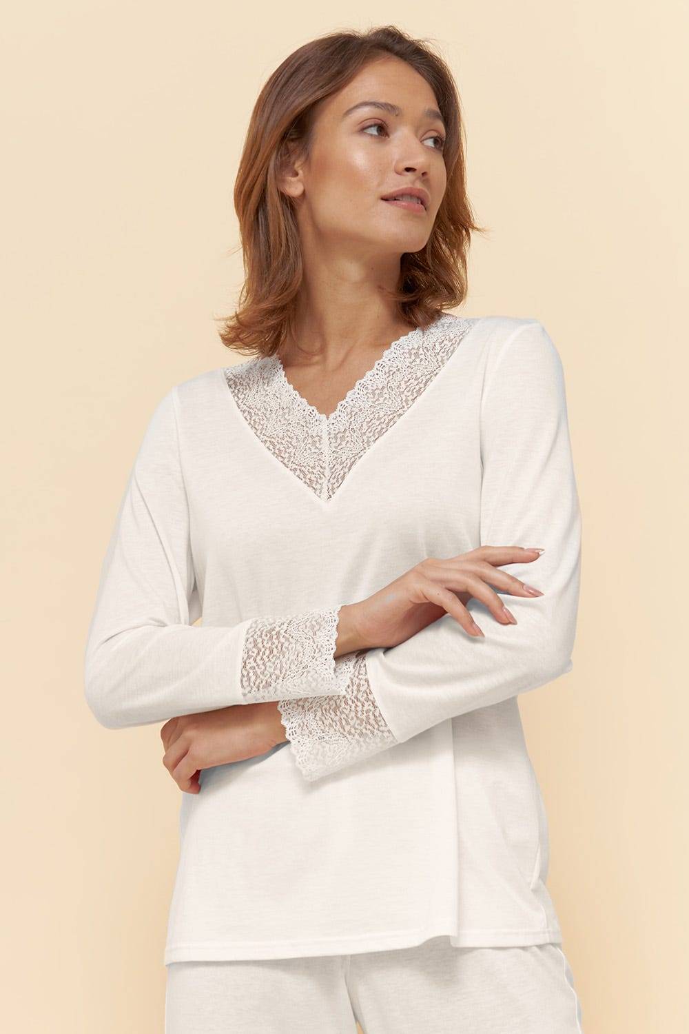 Rösch Pyjama mit eleganten Spitzen-Details einfarbig romantisch verspielt Baumwolle/Modal Exklusivangebot